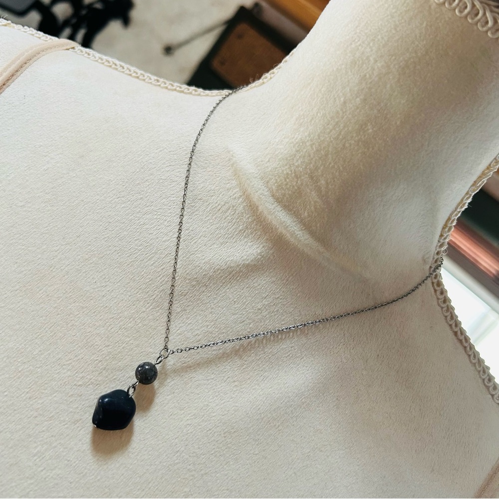 Handcrafted rough black agate crackle glass pendant on chain necklace